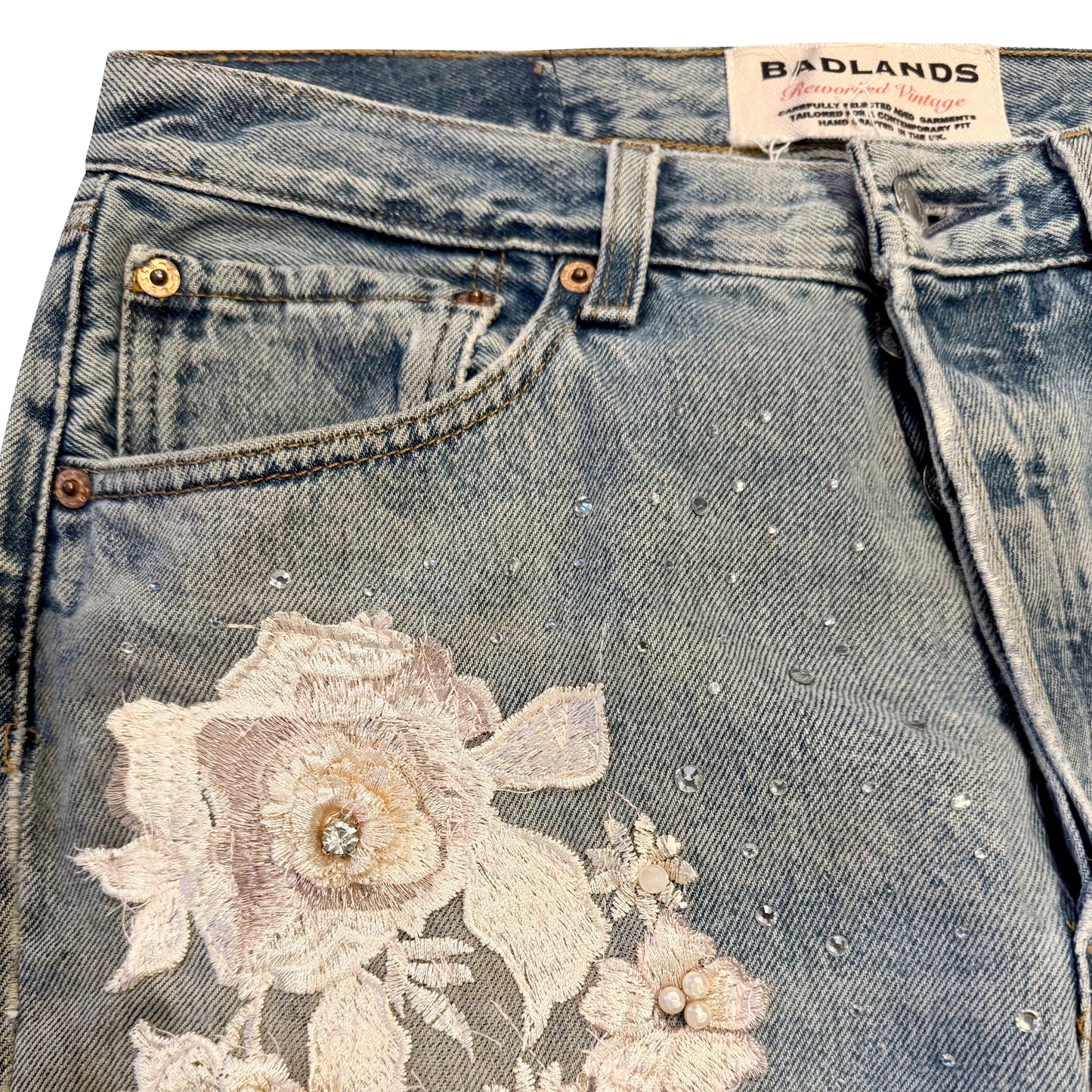 Dusty Rose Rhinestone Lace Denim