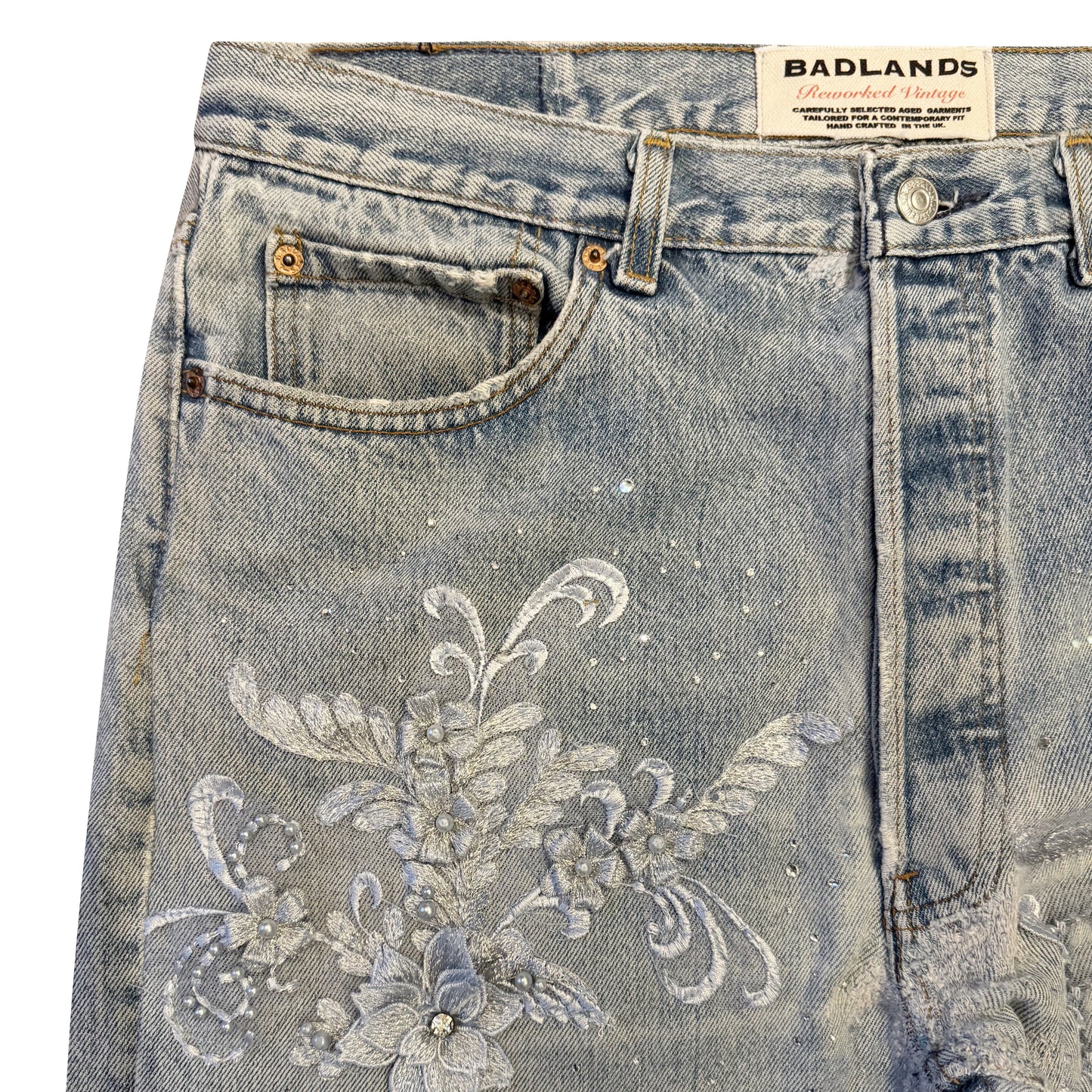 Icy Blue Rhinestone Lace Denim