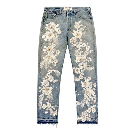 Dusty Rose Rhinestone Lace Denim